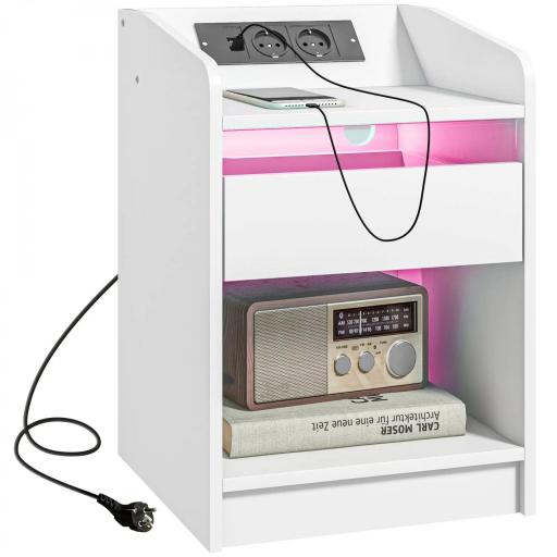 Mesilla de Noche con Luces LED Cajón Estante Estación de Carga Puertos USB y Control Remoto 40x40x58 cm Blanco [9]