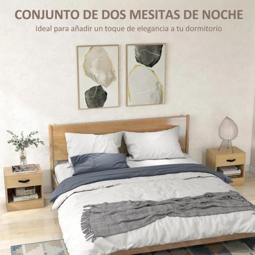 Pack de 2 Mesitas de Noche con Cajón y Compartimento Abierto para Salón 39x28x41 cm Natural [6]