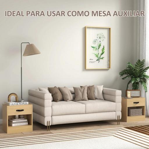 Pack de 2 Mesitas de Noche con Cajón y Compartimento Abierto para Salón 39x28x41 cm Natural [4]