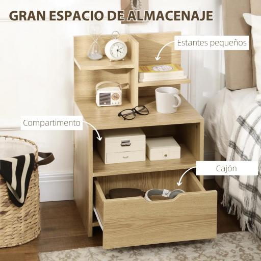 Mesita de Noche Mesilla de Noche Moderna con Cajón y Estantes de Almacenamiento para Salón Dormitorio 45x35x73cm Natural [3]