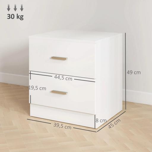 Mesilla de Noche con 2 Cajones Mesita Auxiliar para Salón Dormitorio Carga 30 kg 45x39,5x49 cm Blanco [1]