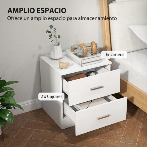Mesilla de Noche con 2 Cajones Mesita Auxiliar para Salón Dormitorio Carga 30 kg 45x39,5x49 cm Blanco [6]