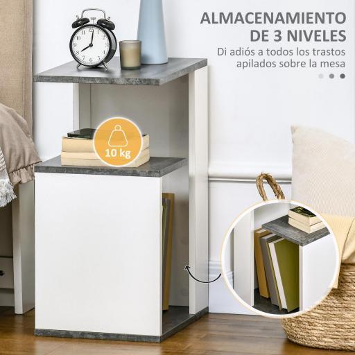 Mesita de Noche Mesa Auxiliar con 2 Estantes para Dormitorio Salón Estilo Moderno 35x29,5x60 cm Gris y Blanco [5]