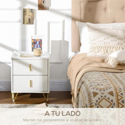 Mesilla de Noche con 2 Cajones Mesita de Noche Mesita Auxiliar con Patas de Metal para Dormitorio 40x40x47 cm Blanco [6]