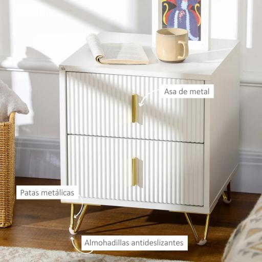 Mesilla de Noche con 2 Cajones Mesita de Noche Mesita Auxiliar con Patas de Metal para Dormitorio 40x40x47 cm Blanco [4]