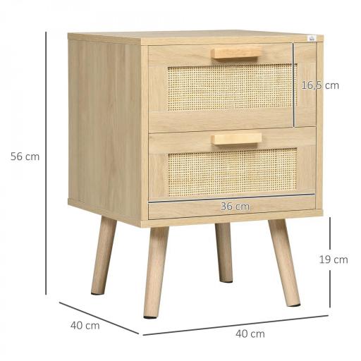 Mesita de Noche Estilo Cannage Mesilla de Noche con 2 Cajones y Patas de Madera para Salón Dormitorio 40x40x56cm Natural [2]