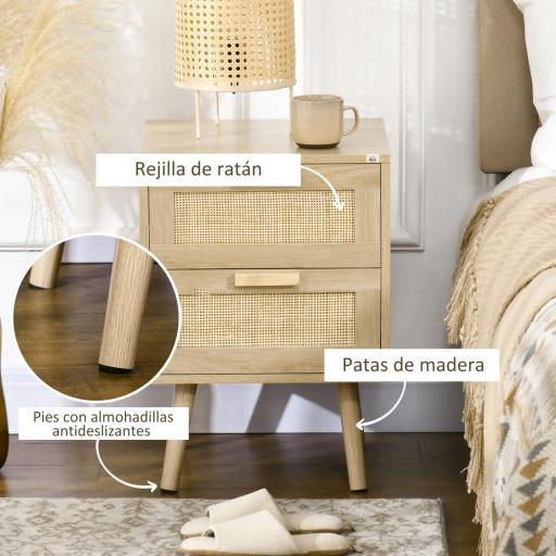 Mesita de Noche Estilo Cannage Mesilla de Noche con 2 Cajones y Patas de Madera para Salón Dormitorio 40x40x56cm Natural [3]