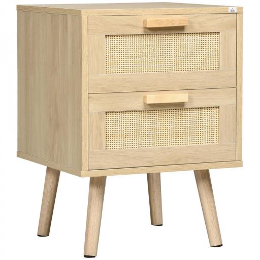 Mesita de Noche Estilo Cannage Mesilla de Noche con 2 Cajones y Patas de Madera para Salón Dormitorio 40x40x56cm Natural [8]