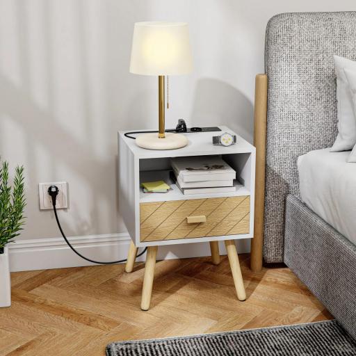 Mesilla de Noche con Estación de Carga Cajón 2 Tomas AC Puerto USB Tipo-C Compartimento Abierto Patas de Madera Blanco