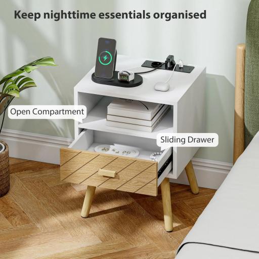 Mesilla de Noche con Estación de Carga Cajón 2 Tomas AC Puerto USB Tipo-C Compartimento Abierto Patas de Madera Blanco [4]