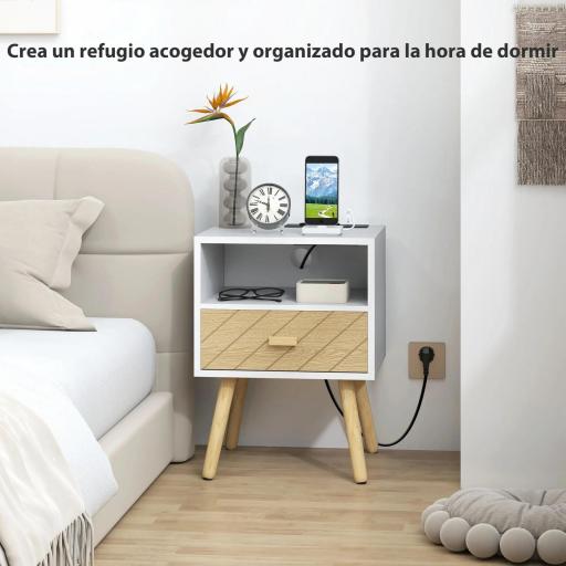 Mesilla de Noche con Estación de Carga Cajón 2 Tomas AC Puerto USB Tipo-C Compartimento Abierto Patas de Madera Blanco [1]