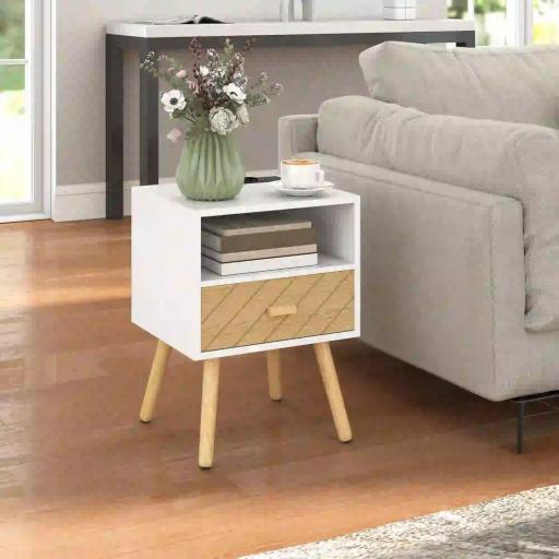 Mesilla de Noche con Estación de Carga Cajón 2 Tomas AC Puerto USB Tipo-C Compartimento Abierto Patas de Madera Blanco [3]