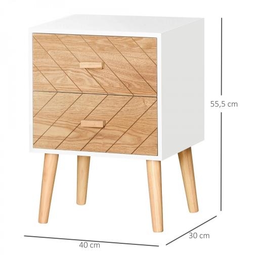 Mesita de Noche Madera con 2 Cajones Comoda Rústica Cajonera Mesilla Mueble para Dormitorio Armario Almacenamiento 40x30x55,5 cm Blanco y Natural [1]