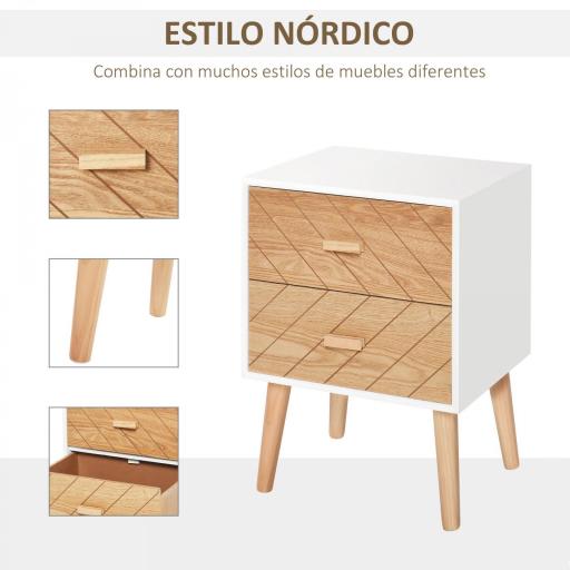 Mesita de Noche Madera con 2 Cajones Comoda Rústica Cajonera Mesilla Mueble para Dormitorio Armario Almacenamiento 40x30x55,5 cm Blanco y Natural [2]