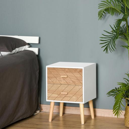 Mesita de Noche Madera con 2 Cajones Comoda Rústica Cajonera Mesilla Mueble para Dormitorio Armario Almacenamiento 40x30x55,5 cm Blanco y Natural [4]