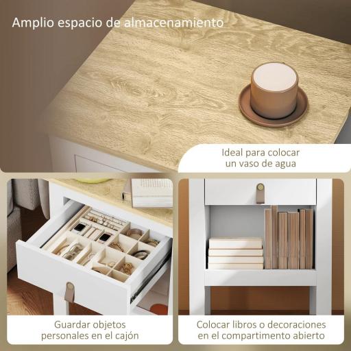 Mesilla de Noche con 1 Cajón Compartimento Abierto Tirador de PU Mesa Auxiliar para Salón Dormitorio 45x40x55 cm Blanco [3]
