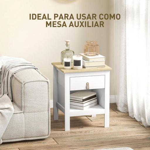 Mesilla de Noche con 1 Cajón Compartimento Abierto Tirador de PU Mesa Auxiliar para Salón Dormitorio 45x40x55 cm Blanco [4]