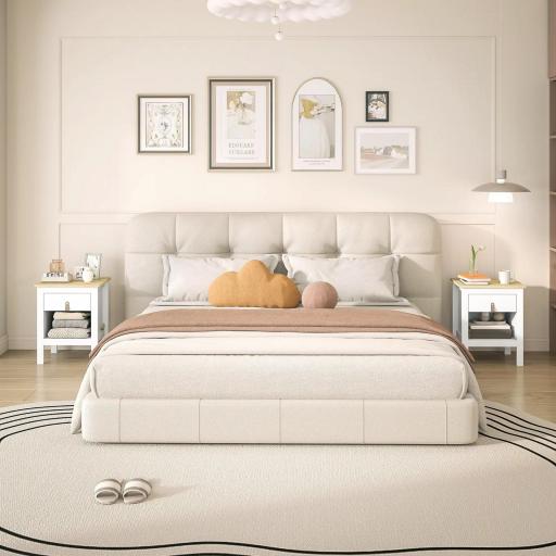 Mesilla de Noche con 1 Cajón Compartimento Abierto Tirador de PU Mesa Auxiliar para Salón Dormitorio 45x40x55 cm Blanco [5]