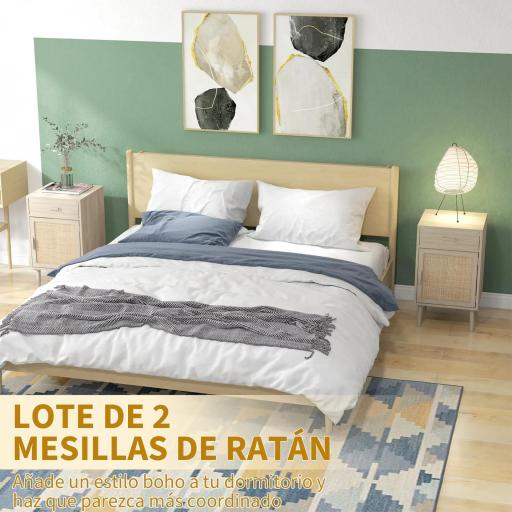 Juego de 2 Mesitas de Noche Mesillas de Noche con Cajón de Ratán y Estante Ajustable 40x40x68,5 cm Roble [6]