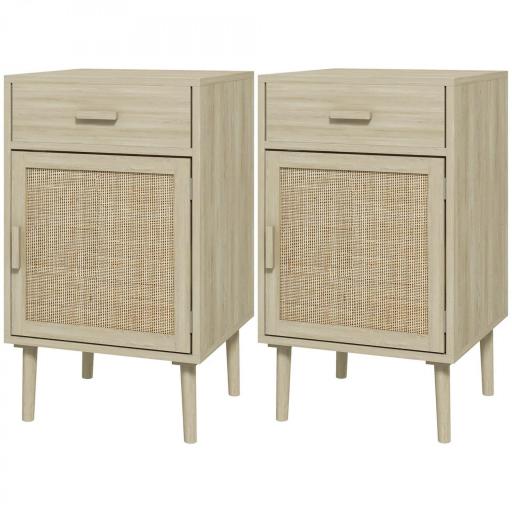 Juego de 2 Mesitas de Noche Mesillas de Noche con Cajón de Ratán y Estante Ajustable 40x40x68,5 cm Roble [8]