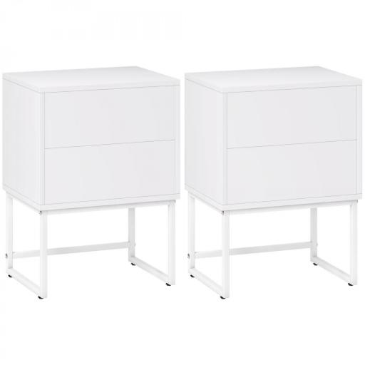 Pack de 2 Mesitas de Noche Estrechas con 2 Cajones Apertura por Presión y Patas de Acero 40x30x55 cm Blanco [8]