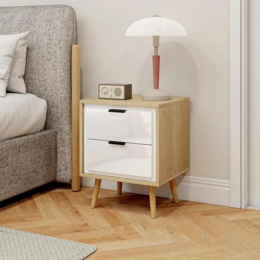 Juego de 2 Mesitas de Noche Modernas con 2 Cajones con Deslizamiento Silencioso 40x35x50 cm Blanco Brillo y Roble [1]