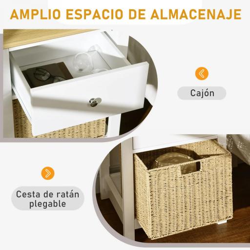 Mesita de Noche con Cajón y Cesta de Ratán Plegable Mesa Auxiliar para Salón Dormitorio 49x39x64 cm Blanco y Natural [5]