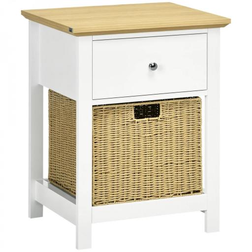 Mesita de Noche con Cajón y Cesta de Ratán Plegable Mesa Auxiliar para Salón Dormitorio 49x39x64 cm Blanco y Natural [9]