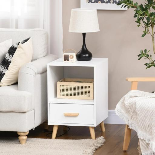 Mesita de Noche con 1 Cajón y Estante Mesa Auxiliar de Estilo Nórdico para Salón Dormitorio 40x40x62 cm Blanco