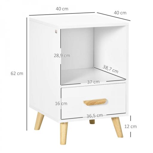 Mesita de Noche con 1 Cajón y Estante Mesa Auxiliar de Estilo Nórdico para Salón Dormitorio 40x40x62 cm Blanco [1]