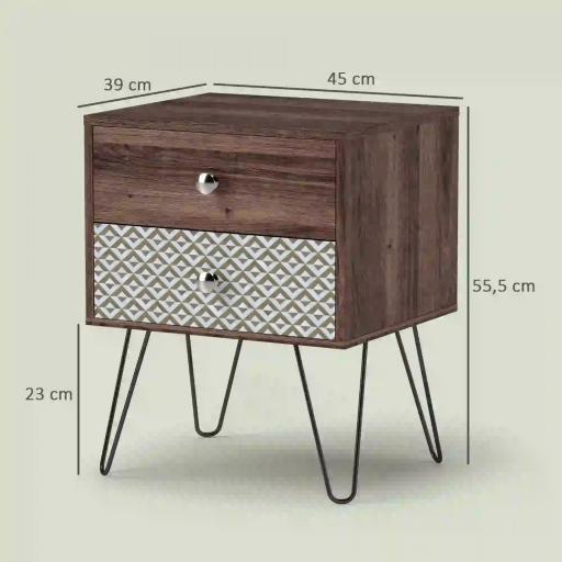 Mesita de Noche con 2 Cajones Patas de Acero Estilo Bohemio para Dormitorio Salón 45x39x55,5 cm Marrón [1]