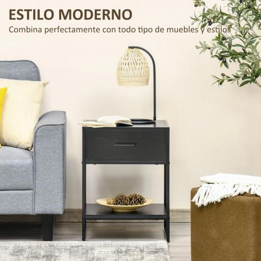 Mesilla de Noche Mesa Auxiliar con 1 Cajón y Estante de Almacenamiento para Dormitorio Salón Oficina 45x40x60 cm Negro [2]