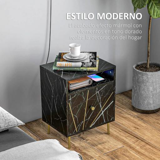 Mesilla de Noche con Efecto Mármol Compartimiento Abierto y Cajón Mesa de Noche para Dormitorio 39x30x50 cm Negro [6]