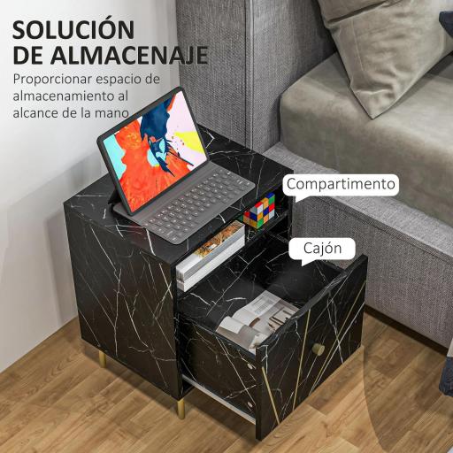 Mesilla de Noche con Efecto Mármol Compartimiento Abierto y Cajón Mesa de Noche para Dormitorio 39x30x50 cm Negro [5]