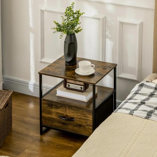 Mesita de Noche con 1 Cajón de Tela Plegable Mesa Auxiliar para Oficina Estudio 45x40x50,5 cm Marrón Rústico