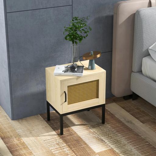 Mesita de Noche con Puerta de Ratán Mesilla de Noche Estilo Boho con Patas de Metal para Dormitorio 43x30x51 cm Roble