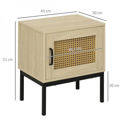 Mesita de Noche con Puerta de Ratán Mesilla de Noche Estilo Boho con Patas de Metal para Dormitorio 43x30x51 cm Roble [1]