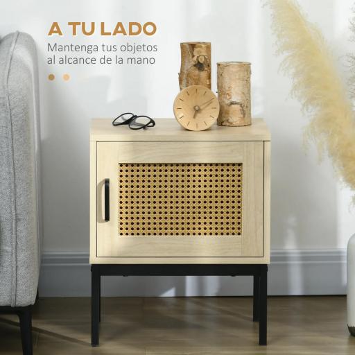 Mesita de Noche con Puerta de Ratán Mesilla de Noche Estilo Boho con Patas de Metal para Dormitorio 43x30x51 cm Roble [3]