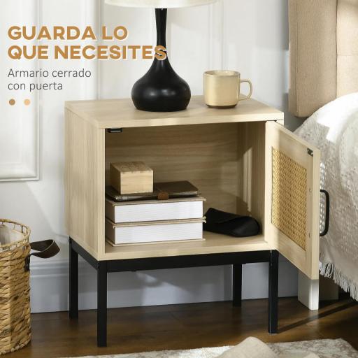 Mesita de Noche con Puerta de Ratán Mesilla de Noche Estilo Boho con Patas de Metal para Dormitorio 43x30x51 cm Roble [2]