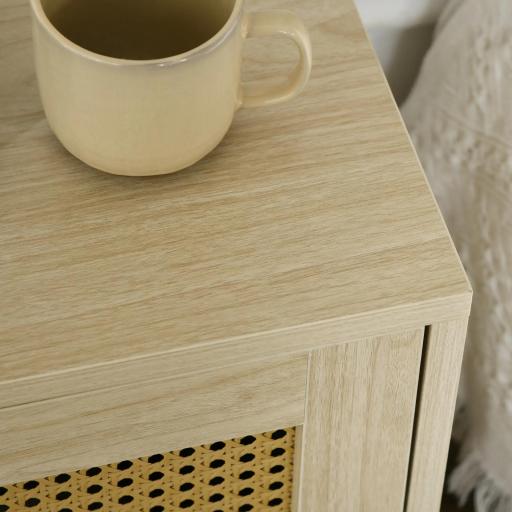 Mesita de Noche con Puerta de Ratán Mesilla de Noche Estilo Boho con Patas de Metal para Dormitorio 43x30x51 cm Roble [5]