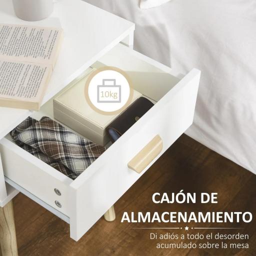 Juego de 2 Mesitas de Noche con Cajón y Patas de Madera para Dormitorio Salón Cama Oficina 40,5x30,5x60 cm Blanco [3]