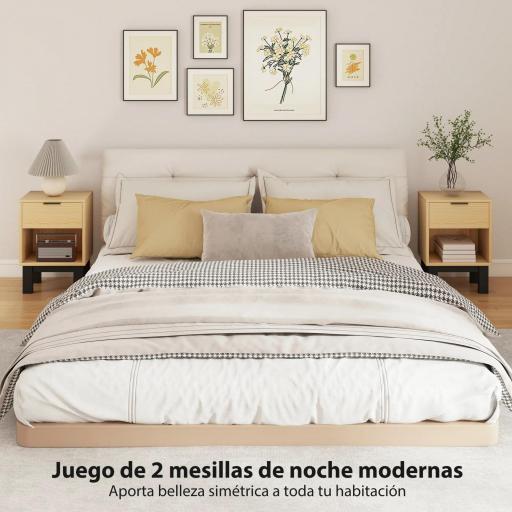 Juego de 2 Mesitas de Noche Estrechas Mesillas de Noche Modernas con Cajón Estante Abierto 35x26x50 cm Roble [5]