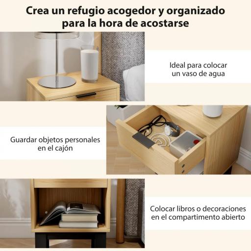 Juego de 2 Mesitas de Noche Estrechas Mesillas de Noche Modernas con Cajón Estante Abierto 35x26x50 cm Roble [6]