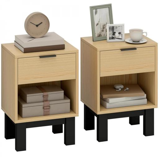 Juego de 2 Mesitas de Noche Estrechas Mesillas de Noche Modernas con Cajón Estante Abierto 35x26x50 cm Roble [8]
