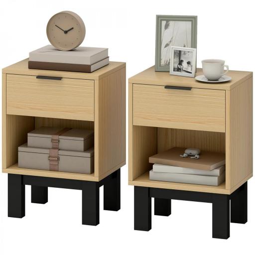 Juego de 2 Mesitas de Noche Estrechas Mesillas de Noche Modernas con Cajón Estante Abierto 35x26x50 cm Roble [9]