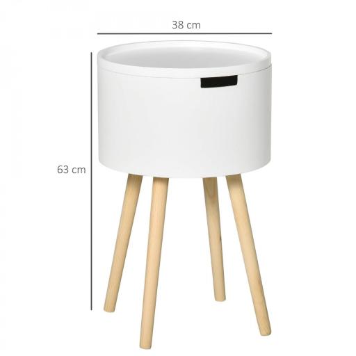 Mesa Auxiliar de Salón Moderna Mesita de Noche con Tapa Extraíble Espacio de Almacenamiento y Patas de Madera para Dormitorio Sofá Esquina Ø38x63 cm Blanco [1]