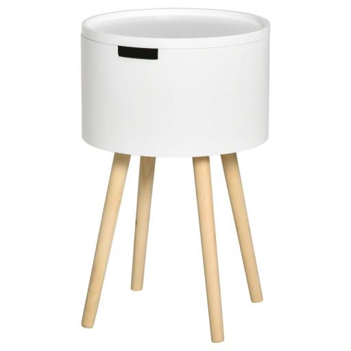 Mesa Auxiliar de Salón Moderna Mesita de Noche con Tapa Extraíble Espacio de Almacenamiento y Patas de Madera para Dormitorio Sofá Esquina Ø38x63 cm Blanco [9]