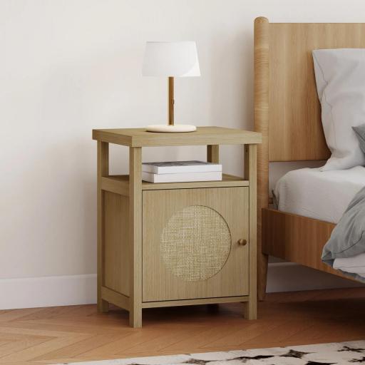 Mesita de Noche con Puerta de Ratán Mesilla de Noche con Estante Abierto y Compartimento 40x35x55 cm Madera Natural