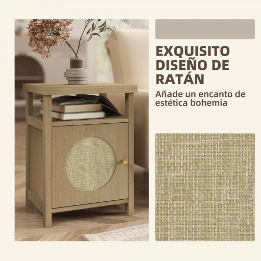 Mesita de Noche con Puerta de Ratán Mesilla de Noche con Estante Abierto y Compartimento 40x35x55 cm Madera Natural [2]