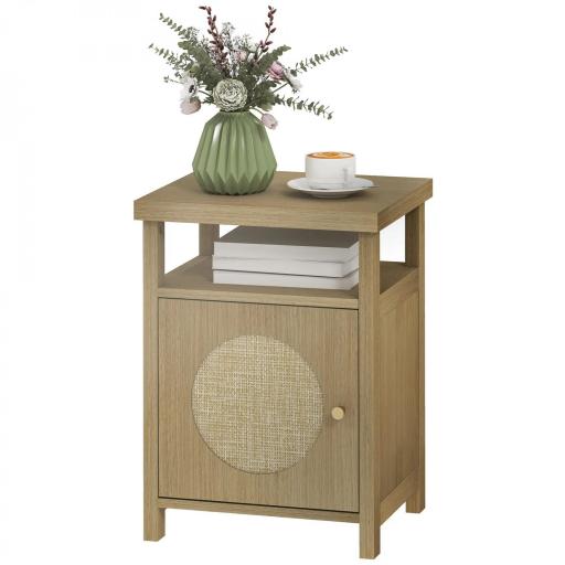 Mesita de Noche con Puerta de Ratán Mesilla de Noche con Estante Abierto y Compartimento 40x35x55 cm Madera Natural [9]